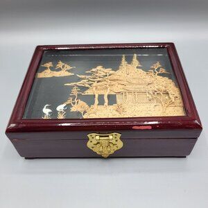 Vintage Chinese Hand Carved Cork Diorama Jewelry Box Red Lining Wood Box SEE